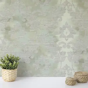 Wallquest Villa Rosa Damask Leaf Sage Wallpaper Floral Leaves Acrylic Coated