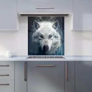 White Wolf Face Splashart Premium Glass Kitchen Splashback W900mm x H650mm