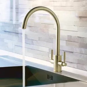 Newbury Brushed Brass Dual Lever Kitchen Sink Mixer & Basket Strainer Waste (No Overflow)