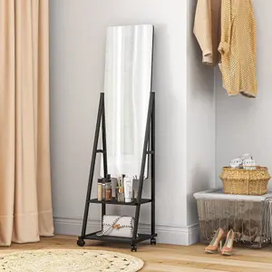 HOMCOM Movable Full Length Mirror Adjustable Full Body Mirror with 2 Shelves