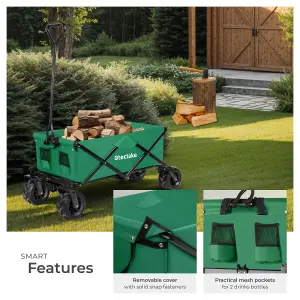 Garden Trolley - foldable with wide wheels, 2 pockets, transport bad, 80 kg capacity - green