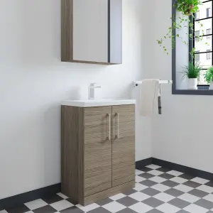 Compact Floor Standing 2 Door Vanity Basin Unit with Polymarble Basin - 600mm - Woodgrain Solace Oak