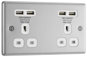 GoodHome Brushed Steel Double 13A Raised rounded Unswitched Screwed Socket with USB, x4 & White inserts