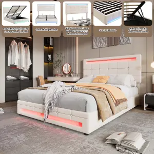 Upholstered bed, Hydraulic Bed, Adults Teenagers Double Bed, with 7colors LED-light strips, Velvet+Iron, 135x190cm,Beige