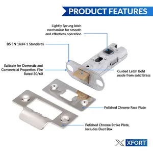 XFORT 2 Sets of 65mm Polished Chrome Tubular Latch, Mortice Door Latch