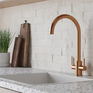 Liquida AD396CP Monobloc Swan Neck Twin Lever Copper Kitchen Mixer Tap