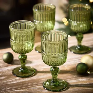 Set of 4 Luxury Embossed Green Drinking Wine Glass Wine Goblets 300ml