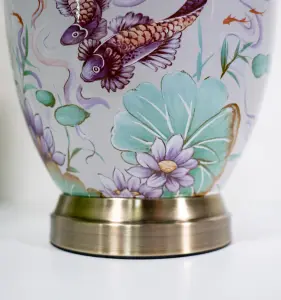 Pink Koi Fish Oriental Ceramic Table Lamp with Pleated Shade