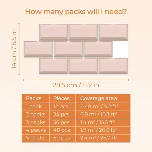 Walplus Blush Pink Subway Brick Tile Stickers 2D Multipack 48Pcs