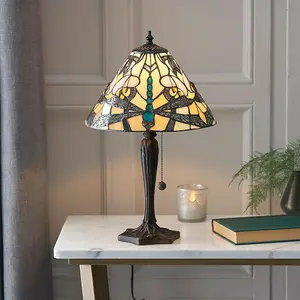 Tiffany Glass Table Lamp Light Dark Bronze & Rich Cream Dragonfly Shade i00168