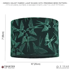 Bird Decorated Dark Forest Green Velvet Fabric Lamp Shade with Inner Lining