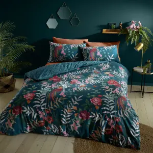 Catherine Lansfield Bedding Tropical Floral Birds Duvet Cover Set with Pillowcases Green