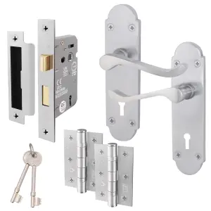 AFIT Satin Chrome Door Handle Key Lock Set - Victorian Scroll Shaped - 1 Pair of Internal Door Handles, Hinges 76mm, Lock 64mm