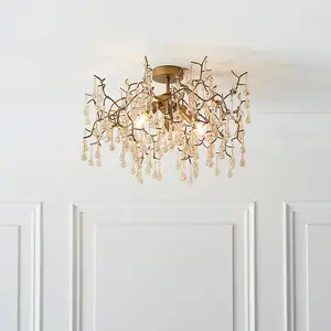 Aged Gold Semi Flush Ceiling Light with Glass Droplets 3 Bulb Low Hanging Light