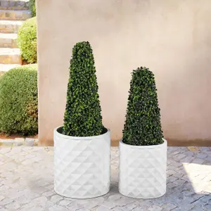 Set of 2 Large Handmade Round Plant Pots - Modern MgO Flower Planters with Geometric Texture Design and Drainage Hole