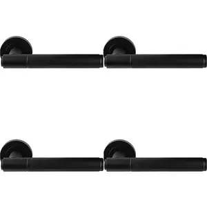 4 PACK - Luxury Knurled Door Handle Set - Matt Black Angled Lever on Round Rose