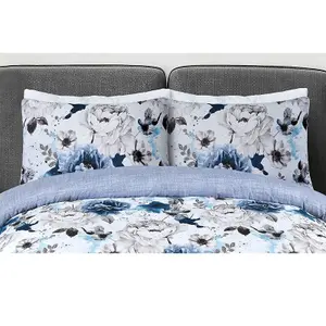 Sleepdown Inky Floral Blue Duvet Set Quilt Cover Reversible Polycotton Bedding Double