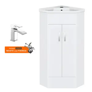 Bubly Bathrooms™ Two Door Corner Vanity Unit & Basin Sink - 555mm - Gloss White with Chrome Tap