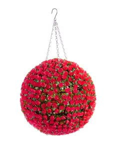 Best Artificial 38cm Red Rose Hanging Basket Flower Topiary Ball - Suitable for Outdoor Use - Weather & Fade Resistant