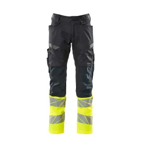 Mascot Accelerate Safe Trousers with Kneepad Pockets - Dark Navy/Hi-Vis Yellow   (46.5) (Leg Length - Regular)