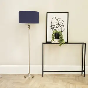 ValueLights Maggie Brushed Chrome Silver Candlestick Floor Lamp with Navy Fabric Lamp Shade