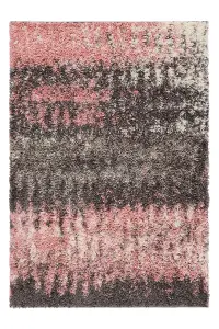 Blush Pink Grey Distressed Abstract Scandi Shaggy Living Area Rug 110x160cm