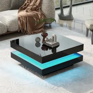 Black Square High Gloss Coffee Table with Rotating Top, Tea Table with 16-Color LED light, 70x70x36 cm