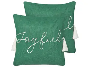 Set of 2 Cushions ELETTARIA Cotton 45 x 45 cm Text Green