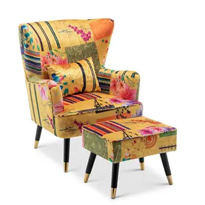 Fabric Gold Patchwork Victoria Accent Wingback Chair with Footstool