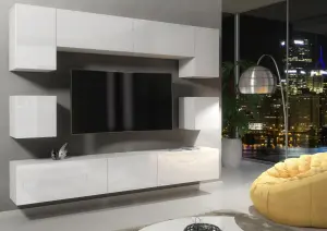 Modern Wall Unit TV Stand Living Room Cupboard - White  Gloss Doors