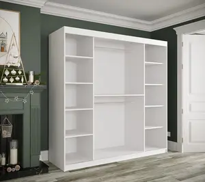 Modern White Geneva Sliding Door Wardrobe W2000mm H2000mm D620mm - Mirrored Doors, Gold Handles, Ample Storage