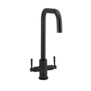 Matt Black Kitchen Sink Mixer Tap Swivel Spout Dual Levers