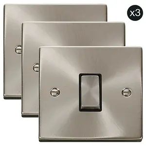 3 PACK - Satin / Brushed Chrome 10A 1 Gang 2 Way Ingot Light Switch - Black Trim - SE Home