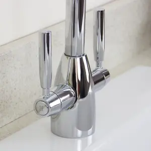 Astini Rumba Brushed Steel Twin Lever Kitchen Sink Mixer Tap