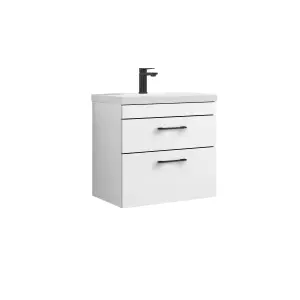 Rio 2 Drawer Wall Hung Vanity Basin Unit - 600mm - Gloss White with Square Black D Handles (Tap Not Included) - Balterley