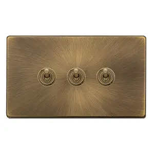 Antique Brass Screwless Plate 3 Gang 2 Way 10AX Toggle Light Switch - SE Home