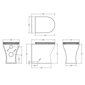 Rimless D Shape Back to Wall Toilet Pan with Soft Close Seat & Concealed Cistern Gun Metal Plate Button