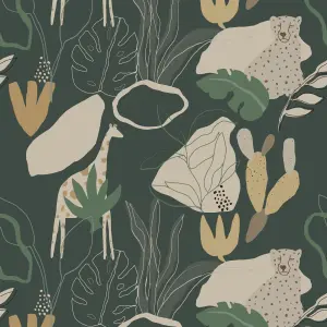 Roomblush Nursery Safari Jungle Kids Eco 4 Lane Repeatable Wallpaper Mural 200 x 285cm, Dark Green