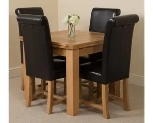 Richmond 90cm - 150cm Square Oak Extending Dining Table and 4 Chairs Dining Set with Washington Black Leather Chairs