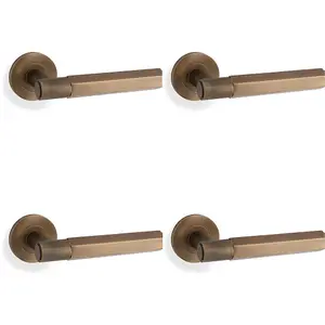 4 PACK - SOLID BRASS Hex Door Handle Set - Italian Brass Industrial Lever Round Rose