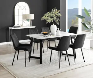 Carson 6 Seater White Marble Effect Rectangular Scratch Resistant Dining Table with 6 Black Pesaro Velvet Black Leg Chairs