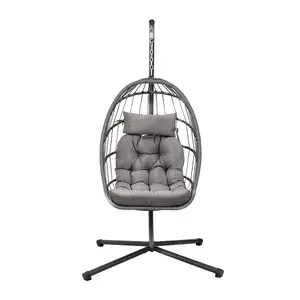 Grey Foldable Single Egg Chair Hanging Basket with Metal Bracket and Seat Cushion