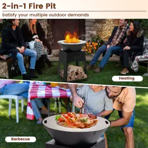 Costway 2 In 1 Fire Pit with BBQ Grill 60cm Metal Firewood Stove w/ Fire Poker