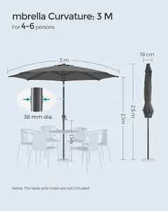 SONGMICS Parasol, Garden Umbrella, 32 Solar Powered LED Lights, Dual-Tilt System, Outdoor, Without Base, Grey