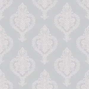 Grandeco Adalyn Blush grey Mica effect Damask Embossed Wallpaper Sample