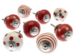 MangoTreeKnobs - Mixed Set of 8 Red & White Spots and Stripes Ceramic Cupboard Knobs / door knobs / drawer knobs by MangoTreeKnobs