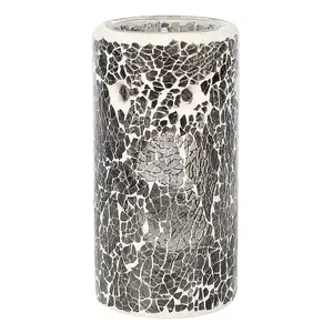 Grey Glass Pillar Shaped Oil, Wax Melt Burner. Mirrored Crackle Effect. H14.5 cm