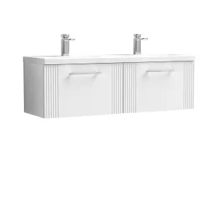 Retro 2 Drawer Wall Hung Vanity Unit with Double Ceramic Basin - 1200mm - Satin White - Balterley