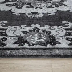 Wadan 60x220 cm Dark Grey Gewels Traditional Rug, 10mm Soft Pile Washable Area Rugs, Classic Oriental Rug for Home and Office