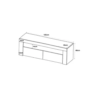 Furneo White TV Stand 125cm Cabinet Unit High Gloss & Matt Clifton03 White LED Lights